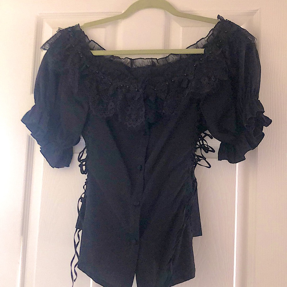 Vintage black off shoulder blouse with beautiful lace and black pearls